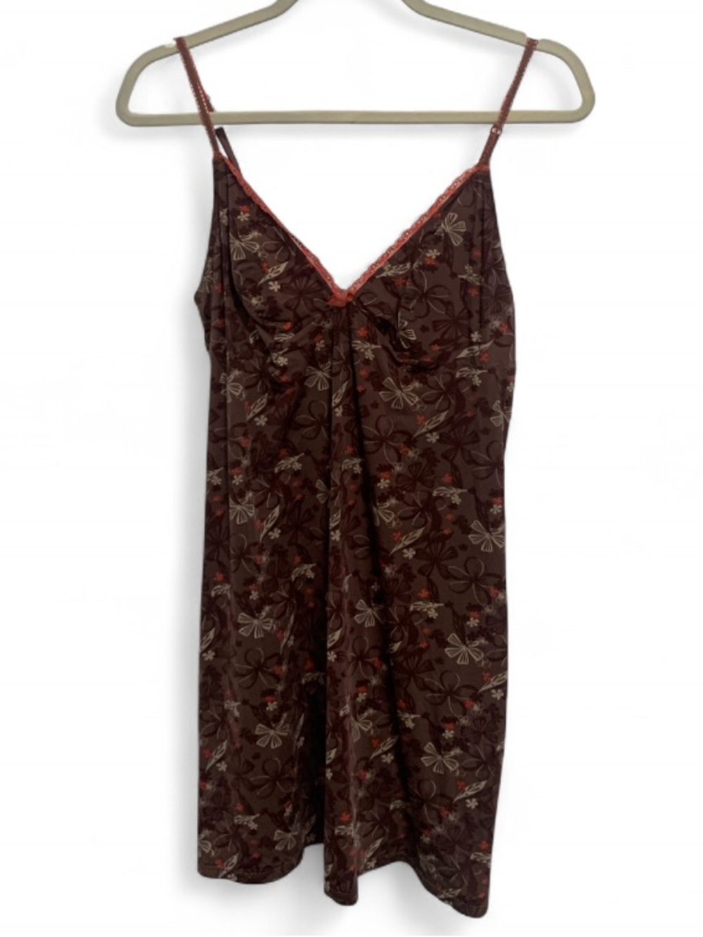 Etam Brown Floral Lace-Trim Mini Slip Dress